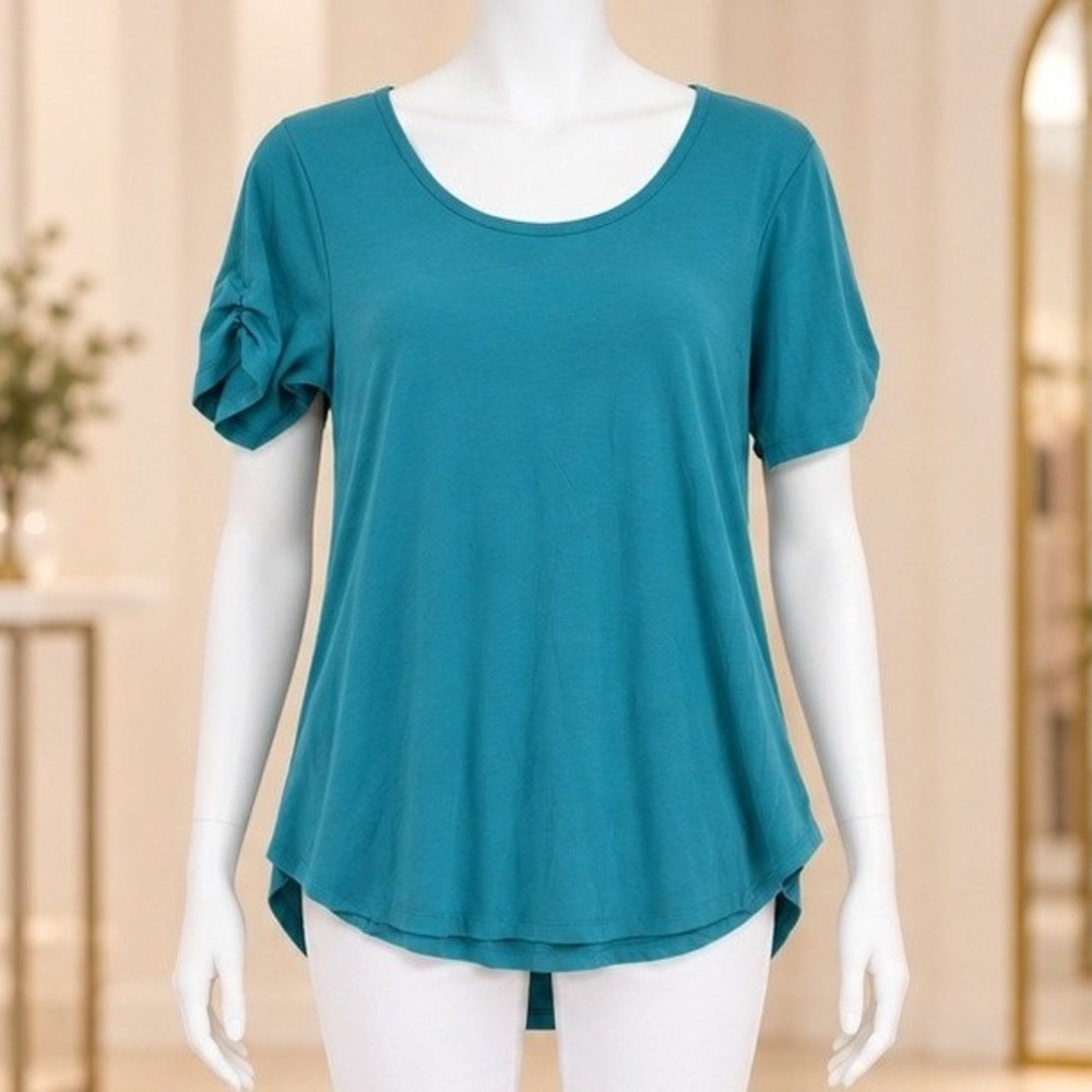 LuLaRoe Womens T-Shirt Teal Blue Knotted Sleeve Scoop Neck Medium